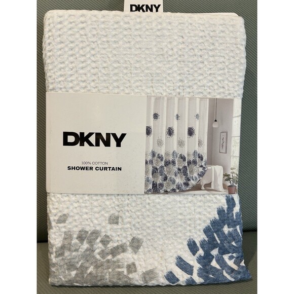 DKNY Brushstroke Floral Shower Curtain Textured Cotton Waffle Fabric Blue New - Picture 1 of 5